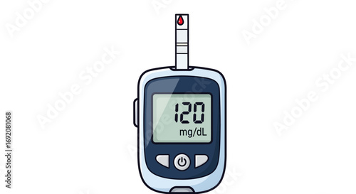 Illustration of a blood glucose meter displaying a reading, with a blood sample.