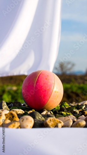 Pink ball on stones, white cloth