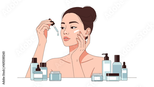 Young woman applying facial serum with dropper surrounded by various skincare products and bottles illustrating a beauty routine and self care