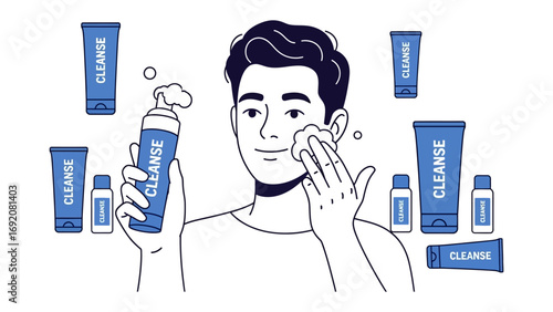 Man applying facial cleanser foam to his face with a washcloth surrounded by various skincare products and bottles for a clean healthy complexion