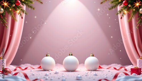 A festive Christmas scene with a stage set up as a backdrop. On this stage, three spherical objects that appear to be Christmas ornaments are centrally placed, adding to the holiday atmosphere