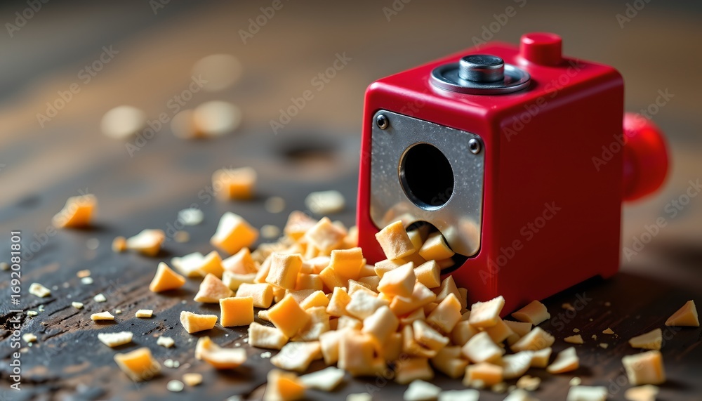 Fototapeta premium A red piece is seen sitting next to a pile of cheese shavings on a wooden surface.