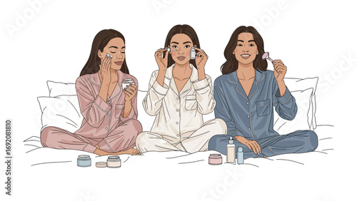Three young women in pajamas applying skincare products while sitting on a bed enjoying a relaxing self care beauty routine together