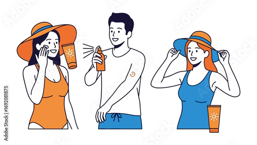 Three friends enjoying a sunny day at the beach one applying sunscreen to protect their skin from harmful uv rays