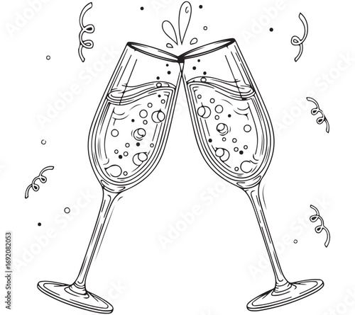 Black and White Line Art of Two Champagne Flutes Clinking in a Festive Celebration
