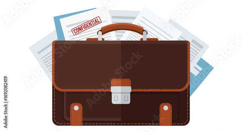 Brown briefcase overflowing with important documents and a completed contract.