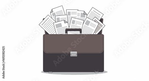 Brown briefcase overflowing with documents, suggesting a large workload or a cluttered workspace.