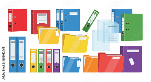 A collection of colorful office binders, folders, and loose paper, arranged in a flat, illustrative style.