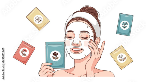 Young woman applying a white sheet mask to her face while holding a teal packet surrounded by colorful skincare product sachets with floral designs