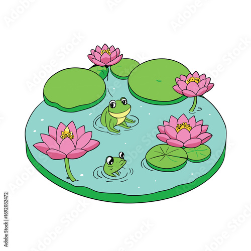 Tranquil lotus pond scene featuring frogs amidst beautifully floating flowers in a serene natural setting