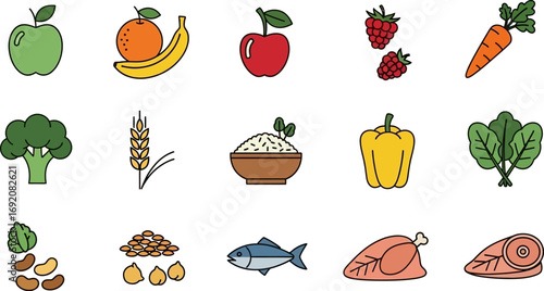 Vibrant collection of healthy food icons, showcasing fruits, vegetables, grains, and protein for a balanced diet.