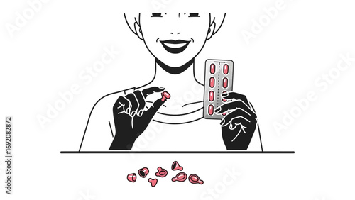 Close up of a smiling person holding a blister pack of pink pills and taking one out to ingest for health and wellness