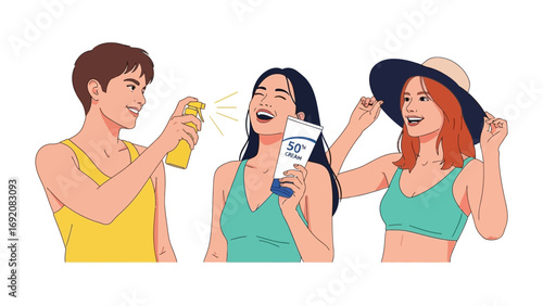 Three diverse young friends enjoying a sunny day at the beach applying sunscreen and wearing summer hats for sun protection