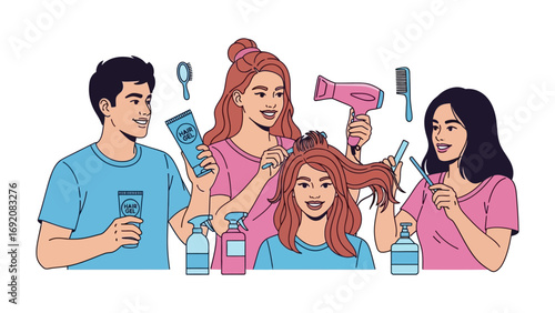 Diverse group of people in a salon setting with stylists styling hair using tools and products showcasing beauty and personal care services