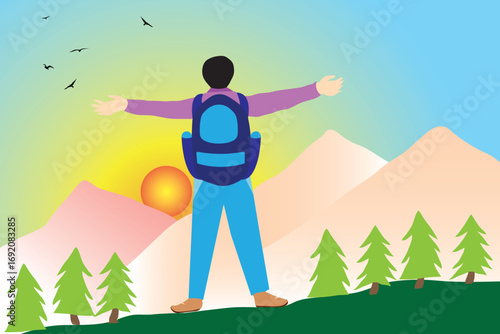 Mountain adventure and travel Templates Illustration, Man in front the mountains, landscape Sunrise, sunset, Adventure or Vacation social media poster, banner. Camping and hiking. Vector illustration.
