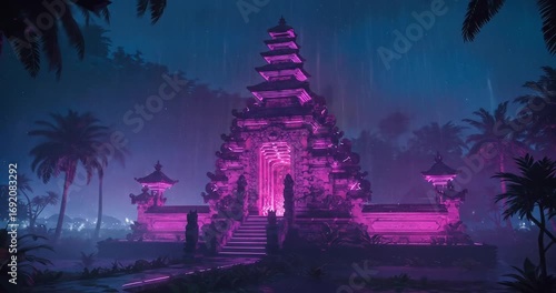 Majestic temple illuminated in vibrant purple rain
