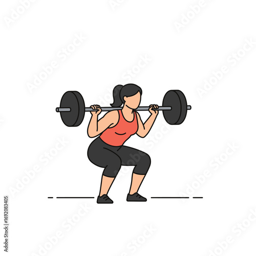 Woman performing barbell squat exercise in gym with focused determination and strength training for fitness and healthy lifestyle.