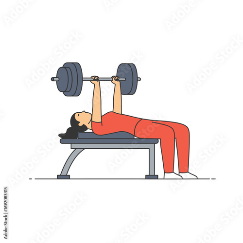 Woman lifting barbell on bench press in gym, focusing on strength training and building upper body muscle, showcasing dedication and fitness routine.