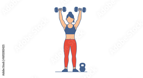 Woman lifting dumbbells overhead in gym, showcasing strength and fitness during workout routine, promoting healthy lifestyle and physical wellbeing.