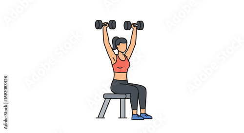 Woman lifting dumbbells overhead while sitting on a bench in a gym, showcasing strength and fitness with a determined expression.
