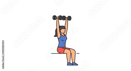 Woman lifting dumbbells overhead while seated on bench in gym, focusing on strength training and fitness, showcasing determination and healthy lifestyle.