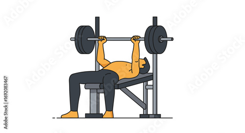 Muscular man lifting heavy barbell on weight bench in gym, showcasing strength and determination during intense workout session.