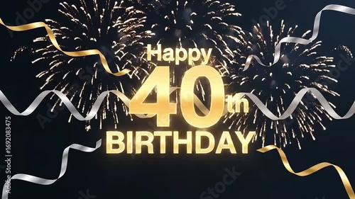 Elegant 40th Birthday Animation with Sparkling Fireworks and Swirling Gold and Silver Ribbons