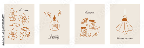 Wallpaper Mural Autumn season minimalist cards with maple leaves, fruit, flowers, mushroom. Whimsical wall art, poster cover, banner, card, flyer. Creative design templates ads, web, label, branding, social media. Torontodigital.ca