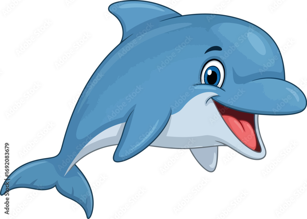 Fototapeta premium Playful cartoon dolphin with a wide smile, swimming joyfully in the ocean.