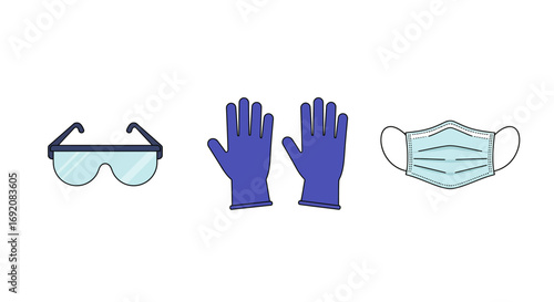 Safety equipment including goggles, gloves, and mask arranged on white surface representing protection and hygiene during medical procedures or lab work.