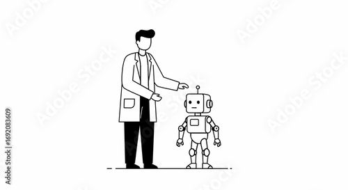 Scientist interacts with small robot in laboratory, showcasing technological advancement and humanmachine interaction in a clean, minimalist style.