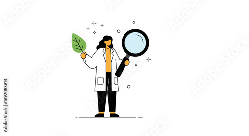 Scientist examines green leaf with magnifying glass in laboratory, symbolizing research and discovery in a clean, minimalist style.