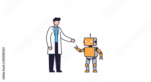 Scientist shakes hands with a friendly robot in a clean laboratory, symbolizing collaboration and the future of artificial intelligence, showcasing innovation and progress.