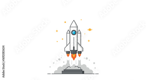 Rocket ship launching from pad emitting smoke and fire, symbolizing innovation and progress in a minimalist, clean style.