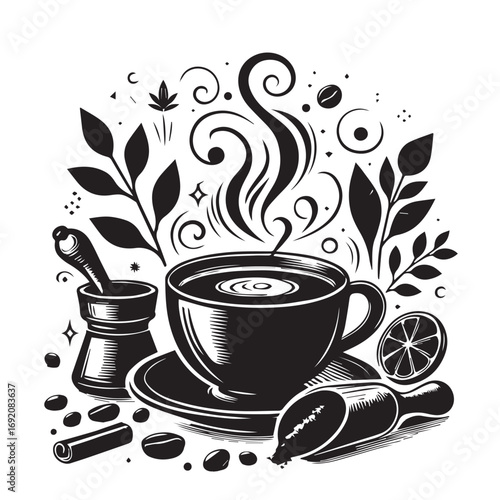 Cup og coffee. Coffee grains and chocolate. Vector illustrstion for poster or logo.