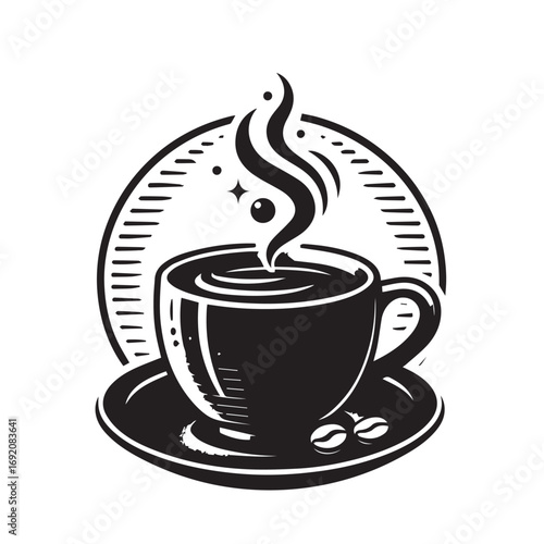 Cup og coffee. Coffee grains and chocolate. Vector illustrstion for poster or logo.