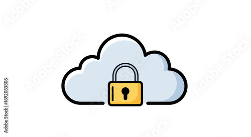 Cloud displays golden padlock against white backdrop, symbolizing data security and privacy in a modern, minimalist style.