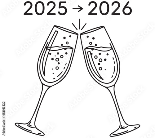 Two vector illustrations of champagne glasses toasting a wedding, anniversary, or New Year's celebration