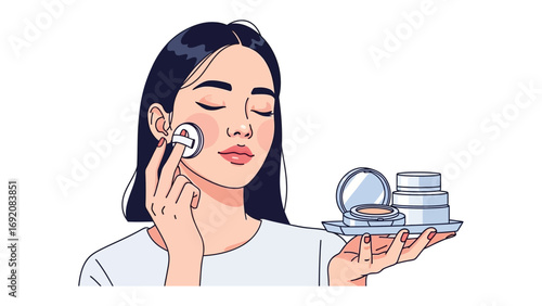 Young woman with eyes closed applying foundation with a puff holding a tray of skincare products and makeup for a flawless complexion