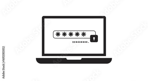 Laptop displaying password entry field with a padlock, symbolizing data protection and online security in a minimalist style.