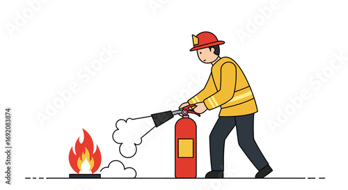 Fireman extinguishing flames with extinguisher during emergency situation, demonstrating courage and safety awareness.
