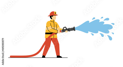 Firefighter spraying water from hose during emergency response with focused determination and bravery.