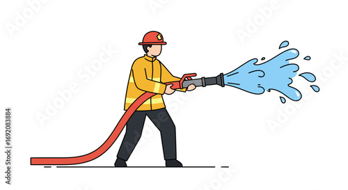 Brave firefighter spraying water with a hose to extinguish a fire in emergency situation, demonstrating courage and readiness to help others.