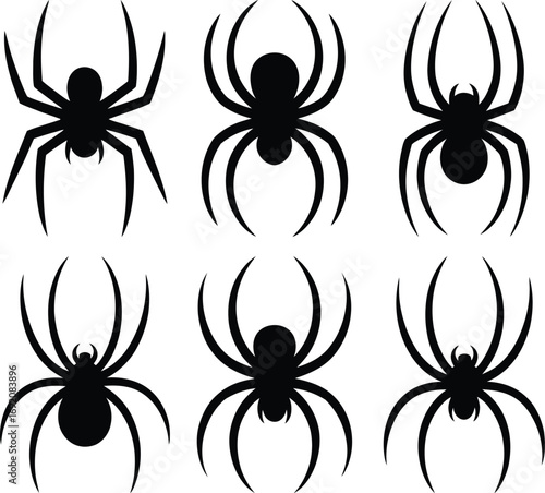 Collection of six black spider silhouettes on white background