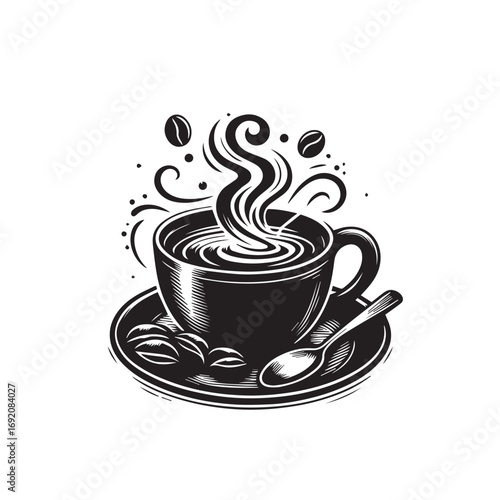 Cup og coffee. Coffee grains and chocolate. Vector illustrstion for poster or logo.