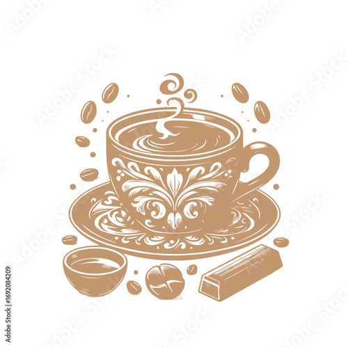 Cup og coffee. Coffee grains and chocolate. Vector illustrstion for poster or logo.
