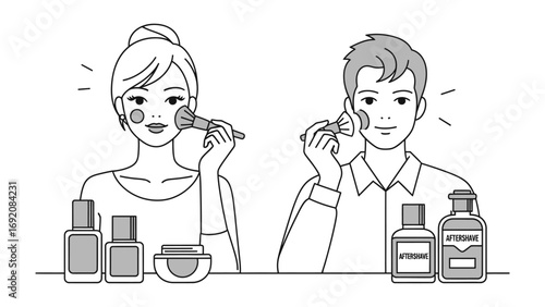 A woman and a man applying makeup and skincare products to their faces with brushes and fingers surrounded by beauty bottles and jars