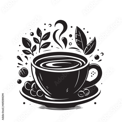 Cup og coffee. Coffee grains and chocolate. Vector illustrstion for poster or logo.