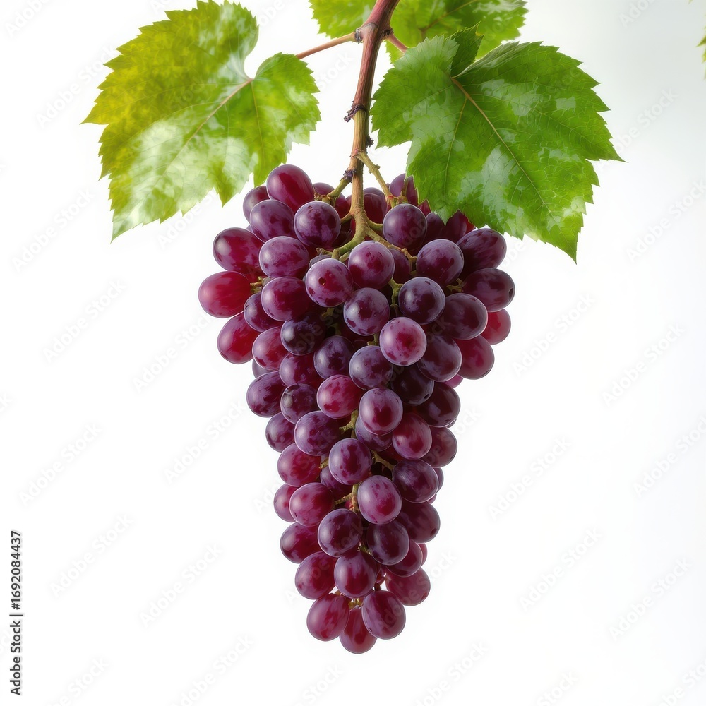 Fototapeta premium Bunch of ripe red grapes hanging from a vine against a soft white background showcasing their rich color and freshness