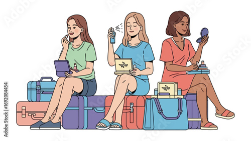 Three diverse young women with luggage and travel accessories sitting together on suitcases ready for a journey or vacation adventure